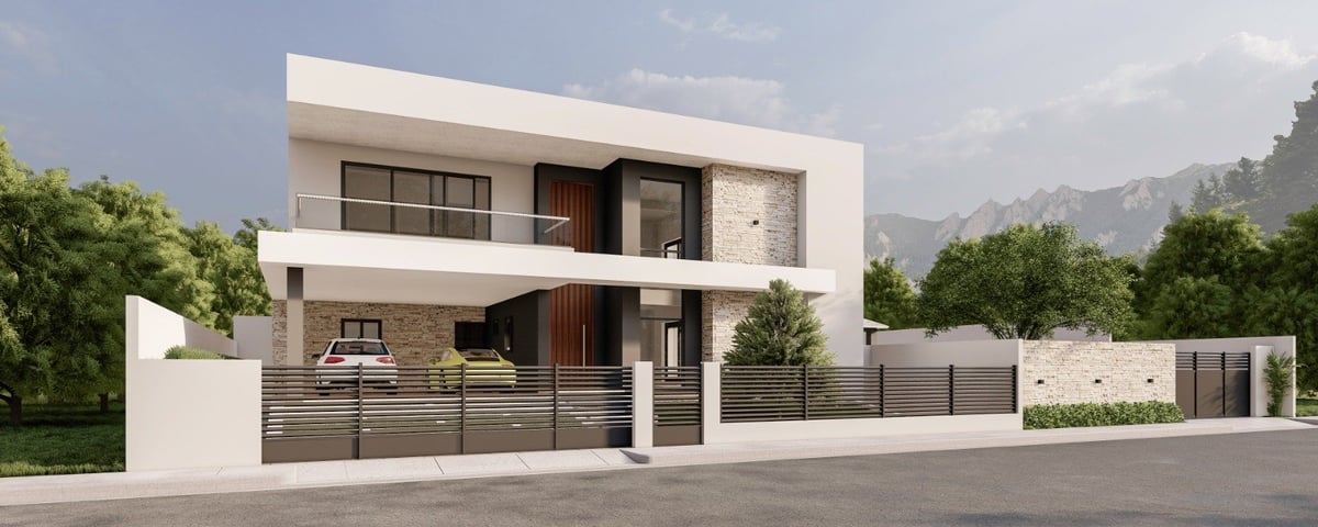 Modern two-story white house with horizontal slat fence, dark windows, and landscaped surroundings against mountain backdrop