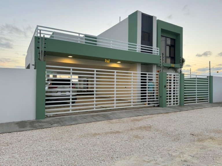 Modern green and white two-story house with metal slatted gate and driveway at dusk