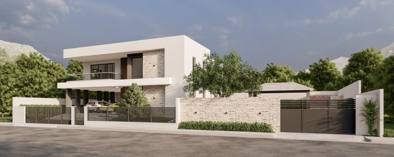 Modern white two-story house with minimalist design, surrounded by trees and landscaping with an attached garage