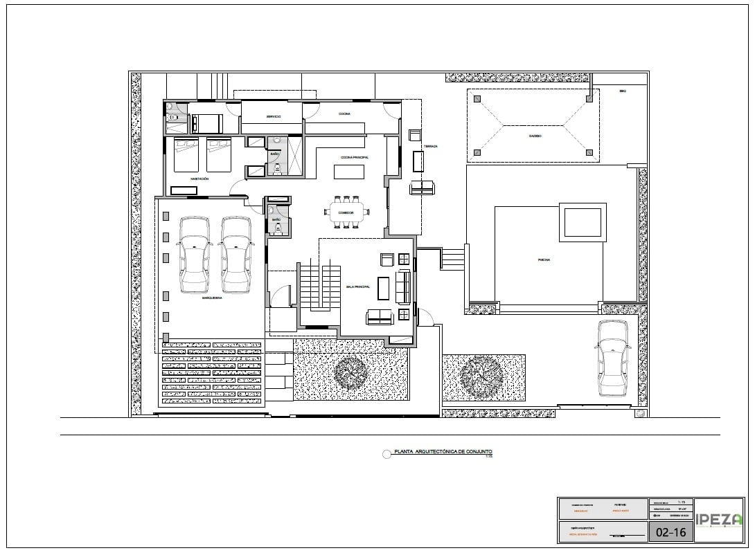 Architectural floor plan showing residential layout with multiple rooms, furniture placement, and landscaping details